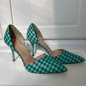 J. Crew Elsie d’Orsay Gingham Leather Heels, Blue/Green. Size 8, Made in Italy